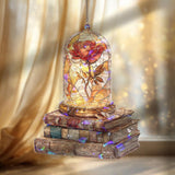 Enchanted Rose Acrylic Suncatcher, Beauty and the Beast Inspired Flower in Glass Dome Window Hanging, Stained Glass Style Fantasy Decor Gift