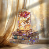 Enchanted Rose Acrylic Suncatcher, Beauty and the Beast Inspired Flower in Glass Dome Window Hanging, Stained Glass Style Fantasy Decor Gift