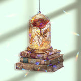 Enchanted Rose Acrylic Suncatcher, Beauty and the Beast Inspired Flower in Glass Dome Window Hanging, Stained Glass Style Fantasy Decor Gift