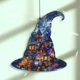 Witch Hat Acrylic Suncatcher, Halloween Haunted House with Pumpkins Window Hanging, Spooky Stained Glass Style Holiday Home Decor Gift