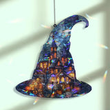 Witch Hat Acrylic Suncatcher, Halloween Haunted House with Pumpkins Window Hanging, Spooky Stained Glass Style Holiday Home Decor Gift