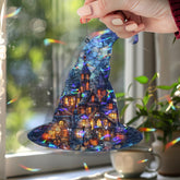 Witch Hat Acrylic Suncatcher, Halloween Haunted House with Pumpkins Window Hanging, Spooky Stained Glass Style Holiday Home Decor Gift