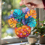 Monstera Acrylic Suncatcher, Colorful Tropical Leaves in Orange Vase Window Hanging, Stained Glass Style Boho Jungle Home Decor Gift