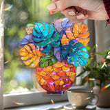 Monstera Acrylic Suncatcher, Colorful Tropical Leaves in Orange Vase Window Hanging, Stained Glass Style Boho Jungle Home Decor Gift