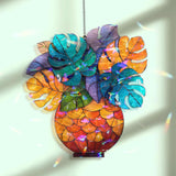 Monstera Acrylic Suncatcher, Colorful Tropical Leaves in Orange Vase Window Hanging, Stained Glass Style Boho Jungle Home Decor Gift