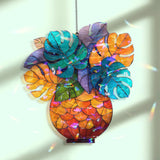 Monstera Acrylic Suncatcher, Colorful Tropical Leaves in Orange Vase Window Hanging, Stained Glass Style Boho Jungle Home Decor Gift