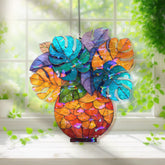 Monstera Acrylic Suncatcher, Colorful Tropical Leaves in Orange Vase Window Hanging, Stained Glass Style Boho Jungle Home Decor Gift