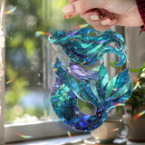 Mermaid Acrylic Suncatcher, Ocean Fantasy Window Hanging with Flowing Hair and Scales, Stained Glass Style Nautical Home Decor Gift