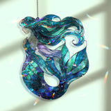 Mermaid Acrylic Suncatcher, Ocean Fantasy Window Hanging with Flowing Hair and Scales, Stained Glass Style Nautical Home Decor Gift