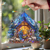 Nativity Acrylic Suncatcher, Holy Family in Manger Window Hanging Ornament, Christmas Stained Glass Style Christian Holiday Home Decor