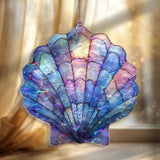 Seashell Acrylic Suncatcher, Ocean Inspired Shell Window Hanging Ornament, Coastal Beach House Stained Glass Style Nautical Home Decor Gift