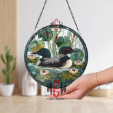 Common Loons and Water Lilies Stained Glass Suncatcher, Round Lake Scene Window Panel, Nature Wildlife Glass Art Decor for Bird Lovers