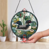 Common Loons and Water Lilies Stained Glass Suncatcher, Round Lake Scene Window Panel, Nature Wildlife Glass Art Decor for Bird Lovers