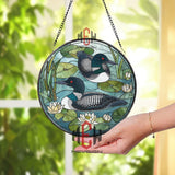 Common Loons and Water Lilies Stained Glass Suncatcher, Round Lake Scene Window Panel, Nature Wildlife Glass Art Decor for Bird Lovers