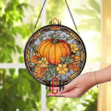 Pumpkin Harvest Stained Glass Suncatcher, Autumn Floral Round Window Panel, Fall Home and Garden Decor for Seasonal Charm