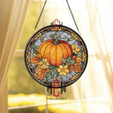Pumpkin Harvest Stained Glass Suncatcher, Autumn Floral Round Window Panel, Fall Home and Garden Decor for Seasonal Charm