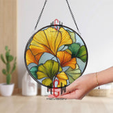 Ginkgo Leaf Stained Glass Suncatcher, Round Autumn Yellow Green Foliage Window Panel, Nature Inspired Glass Art Decor for Home