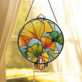Ginkgo Leaf Stained Glass Suncatcher, Round Autumn Yellow Green Foliage Window Panel, Nature Inspired Glass Art Decor for Home