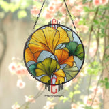Ginkgo Leaf Stained Glass Suncatcher, Round Autumn Yellow Green Foliage Window Panel, Nature Inspired Glass Art Decor for Home