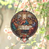 Last Supper Stained Glass Suncatcher, Round Religious Window Panel with Jesus and Apostles, Christian Home and Church Decor