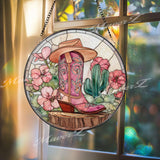 Cowgirl Boot & Hat Suncatcher: Western Floral Glass Window Decor