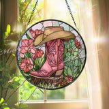 Cowgirl Boot & Hat Suncatcher: Western Floral Glass Window Decor