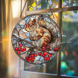 Squirrel Stained Glass Suncatcher: Winter Berries Woodland Decor
