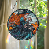 Witch & Skeleton Stained Glass Suncatcher: Gothic Halloween Decor