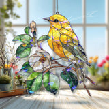 Yellow Bird Acrylic Suncatcher, Songbird on Branch with White Flower Window Hanging, Nature Inspired Stained Glass Style Home Decor Gift