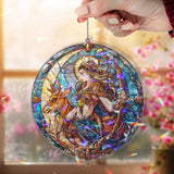 Goddess Acrylic Suncatcher, Round Mythical Woman with Bow and Deer Window Hanging, Fantasy Stained Glass Style Art Nouveau Home Decor Gift