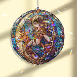 Goddess Acrylic Suncatcher, Round Mythical Woman with Bow and Deer Window Hanging, Fantasy Stained Glass Style Art Nouveau Home Decor Gift