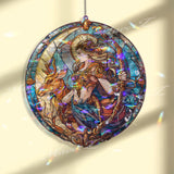 Goddess Acrylic Suncatcher, Round Mythical Woman with Bow and Deer Window Hanging, Fantasy Stained Glass Style Art Nouveau Home Decor Gift