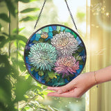 Chrysanthemum Stained Glass Suncatcher, Round Colorful Floral Window Panel with Blooming Flowers, Nature Inspired Home Decor Gift