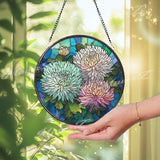 Chrysanthemum Stained Glass Suncatcher, Round Colorful Floral Window Panel with Blooming Flowers, Nature Inspired Home Decor Gift
