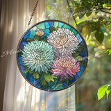 Chrysanthemum Stained Glass Suncatcher, Round Colorful Floral Window Panel with Blooming Flowers, Nature Inspired Home Decor Gift