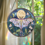 Luna Moth Stained Glass Suncatcher, Round Moonlight Window Panel with White Flowers, Mystical Insect Nature Inspired Home Decor Gift