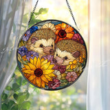 Hedgehog Stained Glass Suncatcher, Round Window Panel with Colorful Flowers and Cute Animals, Nature Inspired Garden Lover Home Decor Gift