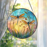Dragonfly Stained Glass Suncatcher, Round Sunset Meadow Window Panel with Colorful Insects and Wildflowers, Nature Inspired Home Decor
