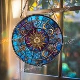 Sun and Moon Stained Glass Suncatcher, Round Zodiac Constellation Window Panel with Celestial Sky, Astrology Inspired Home Decor Gift