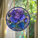 Purple Rose Stained Glass Suncatcher, Round Floral Window Panel with Blooming Flower and Buds, Elegant Nature Inspired Home Decor Gift