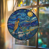 Jesus Stained Glass Suncatcher, Round Starry Night Window Panel with Child and Sheep, Christian Religious Faith Inspired Home Decor Gift