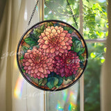 Dahlia Stained Glass Suncatcher, Round Floral Window Panel with Blooming Flowers and Leaves, Botanical Garden Inspired Home Decor Gift