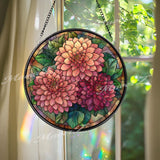 Dahlia Stained Glass Suncatcher, Round Floral Window Panel with Blooming Flowers and Leaves, Botanical Garden Inspired Home Decor Gift