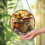 Skeleton Drummer Stained Glass Suncatcher, Round Musician Window Panel with Drum Kit, Gothic Rock Band Inspired Home Decor Gift