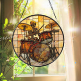 Skeleton Drummer Stained Glass Suncatcher, Round Musician Window Panel with Drum Kit, Gothic Rock Band Inspired Home Decor Gift