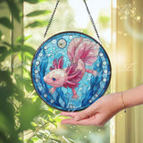 Axolotl Stained Glass Suncatcher, Round Pink Salamander Window Panel with Blue Water Plants, Unique Aquatic Animal Home Decor Gift