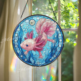 Axolotl Stained Glass Suncatcher, Round Pink Salamander Window Panel with Blue Water Plants, Unique Aquatic Animal Home Decor Gift