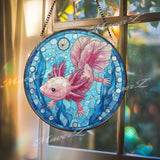 Axolotl Stained Glass Suncatcher, Round Pink Salamander Window Panel with Blue Water Plants, Unique Aquatic Animal Home Decor Gift