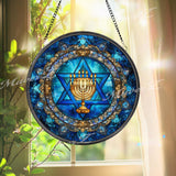 Menorah and Star of David Stained Glass Suncatcher, Round Jewish Hanukkah Window Panel, Judaica Home Decor, Festival of Lights Gift