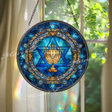 Menorah and Star of David Stained Glass Suncatcher, Round Jewish Hanukkah Window Panel, Judaica Home Decor, Festival of Lights Gift